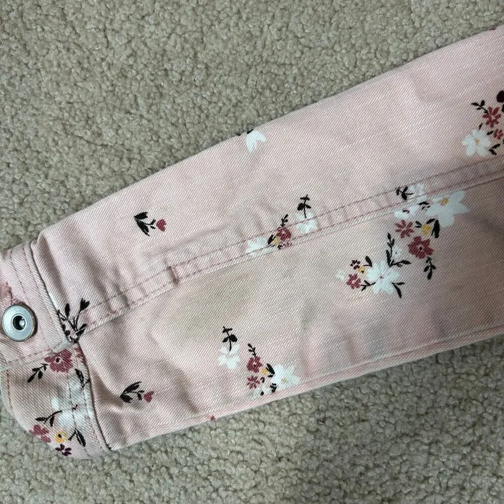 The Children’s Place Girls Floral Denim Jacket Pink Raw Hem Cotton Twill 7/8 M